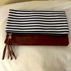 Striped Black and White Clutch with Brown Leather